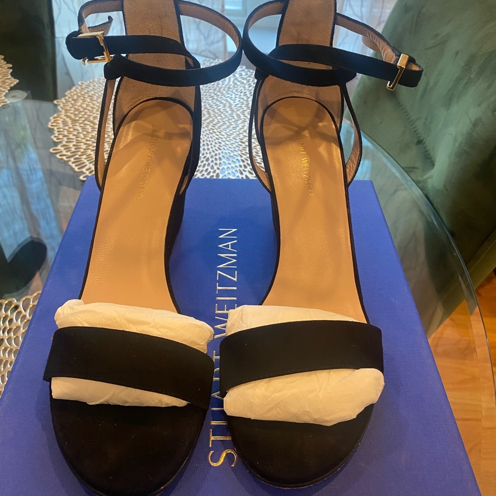 Stuart Weitzman Black Suede Wedge Heel Sandals